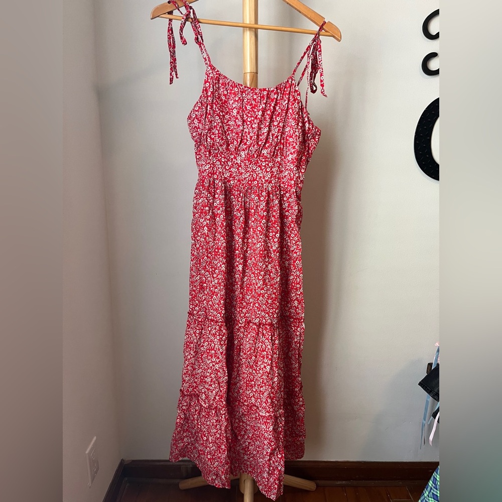 Everkaki Red Tiered Floral SUN Dress Size Small NEW tomato girl summer